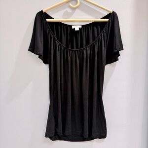 LOFT Women's S Scoop Neck Black Knit Top Flutter Sleeve Elevated Basics Feminine